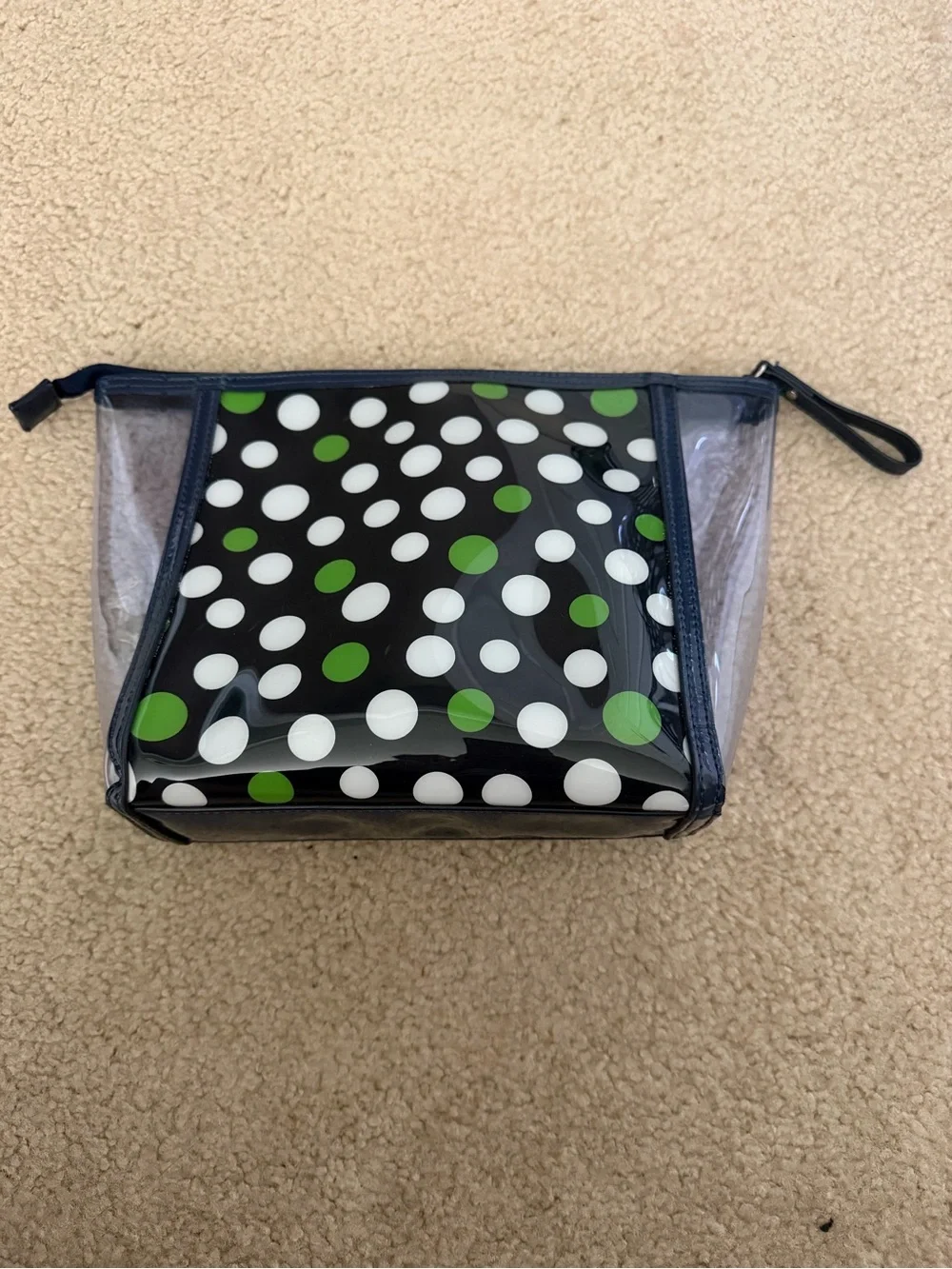 Vera Bradley Clear Cosmetic Pouch with Black, White and Green Polka Dots